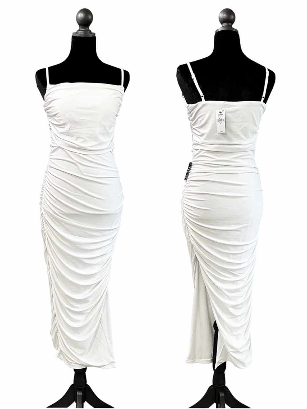 Express White Spaghetti-Strap Ruched Midi Dress - Picture 3 of 6
